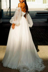 Off-The-Shoulder Long Sleeves Tulle Sweep Train Beach Wedding Dress With Sequins Flower(s)
