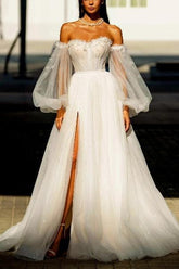 Off-The-Shoulder Long Sleeves Tulle Sweep Train Beach Wedding Dress With Sequins Flower(s)