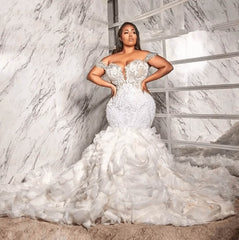 Off The Shoulder Mermaid Wedding Dress Lace Appliqued Bridal Gown with Ruffled Train