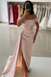Off The Shoulder Prom Dresses Beaded Satin Evening Formal Dresses