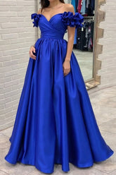 Off The Shoulder Royal Blue Prom Dress Satin Ball Gown Formal Dress