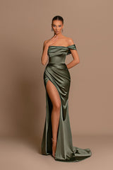Off The Shoulder Sage Green Evening Dress Ball Gown Sleeveless Slit Pleated