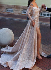 Off-The-Shoulder Sequined Wedding Dresses With Split Front