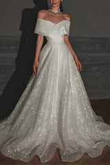 Off-The-Shoulder Sleeveless A-Line Beach Wedding Dress with Sweep Train and Sequin Detail