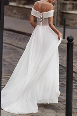 Off-The-Shoulder Sleeveless A-Line Lace/Tulle Wedding Dress with Sweep Train