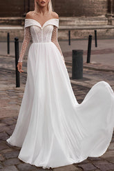 Off-The-Shoulder Sleeveless A-Line Lace/Tulle Wedding Dress with Sweep Train