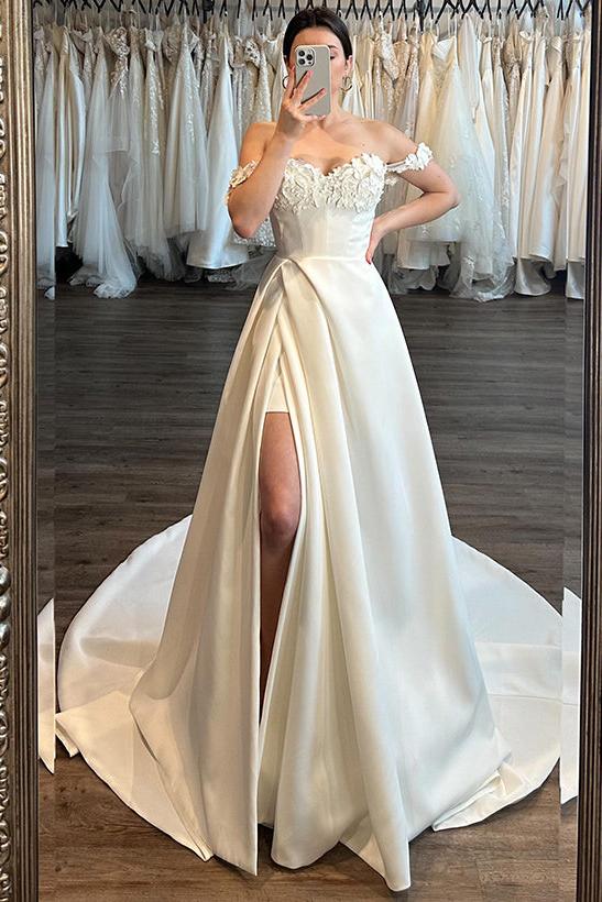 Off-The-Shoulder Sleeveless A-Line Satin Wedding Dresses with Sweep Train