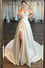 Off-The-Shoulder Sleeveless A-Line Satin Wedding Dresses with Sweep Train