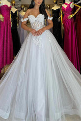 Off-The-Shoulder Sleeveless A-Line Sweep Train Wedding Dresses