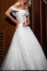 Off-The-Shoulder Sleeveless Ball-Gown Wedding Dress with Sweep Train and Sequins