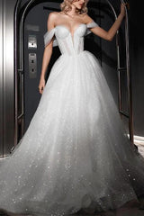 Off-The-Shoulder Sleeveless Ball-Gown Wedding Dress with Sweep Train and Sequins