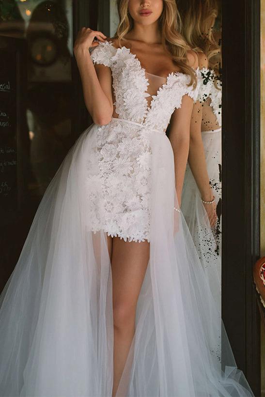 Off-The-Shoulder Sleeveless Beach Wedding Dress with Detachable Sheath/Column