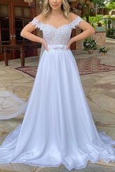 Off-The-Shoulder Sleeveless Lace Wedding Dress with A-Line Silhouette and Sweep Train