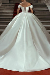 Off-The-Shoulder Sleeveless Satin Ball-Gown Wedding Dress with Sweep Train