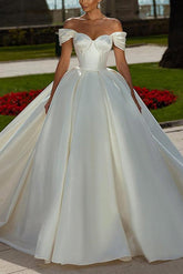 Off-The-Shoulder Sleeveless Satin Ball-Gown Wedding Dress with Sweep Train