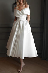 Off-The-Shoulder Sleeveless Satin Tea-Length Wedding Dress