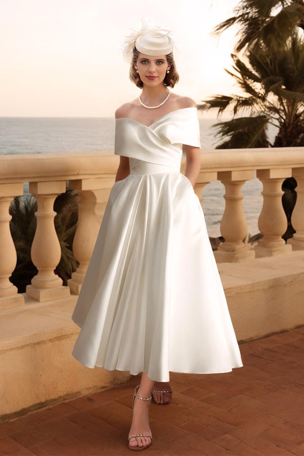 Off-The-Shoulder Sleeveless Satin Tea-Length Wedding Dress