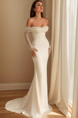 Off-The-Shoulder Sleeveless Sweep Train Sequined Wedding Dresses With Panel Train