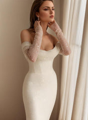 Off-The-Shoulder Sleeveless Sweep Train Sequined Wedding Dresses With Panel Train
