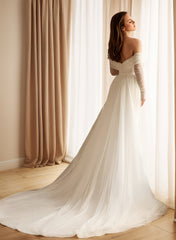 Off-The-Shoulder Sleeveless Sweep Train Sequined Wedding Dresses With Panel Train