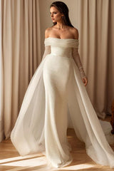 Off-The-Shoulder Sleeveless Sweep Train Sequined Wedding Dresses With Panel Train