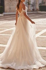 Off-The-Shoulder Sleeveless Tulle Beach Wedding Dress With Appliques Lace