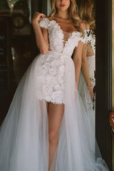 Off-The-Shoulder Sleeveless Wedding Dress with Detachable Sheath/Column