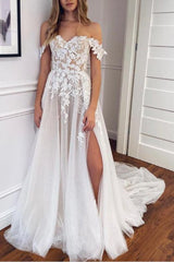 Off-The-Shoulder Slit Boho Lace Wedding Dresses