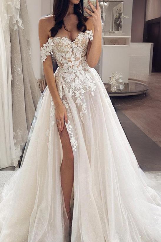 Off-The-Shoulder Slit Boho Lace Wedding Dresses