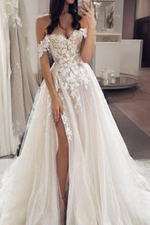 Off-The-Shoulder Slit Boho Lace Wedding Dresses