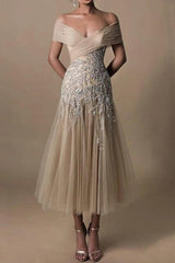 Off The Shoulder Wedding Dress Tea Length Mermaid Evening Formal Dress with Lace