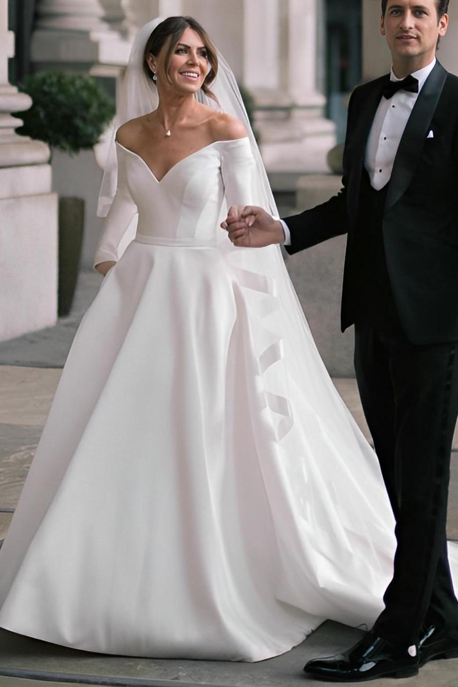 Off-The-Shoulder Wedding Dresses with Elegant Ball-Gown Long Sleeves
