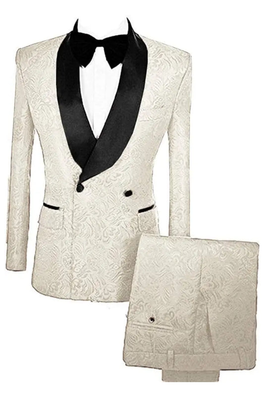 Off White Double Breasted Jacquard Wedding Suit with Velvet Lapel
