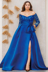 Off-the-Shoulder A-Line Princess Floor-Length Plus Size Mother of the Bride Dress with 3/4 Sleeves and Side Split