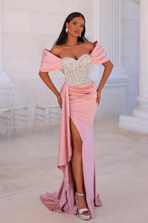 Off the Shoulder Beaded Prom Dresses Mermaid Evening Formal Dresses with Panel Train
