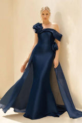 Off-the-Shoulder Floor-Length Mother of the Bride & Groom Dress with Long Sleeves Flower and Overskirt