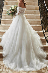Off-the-Shoulder Lace Wedding Dresses With Tulle and Long Sleeves