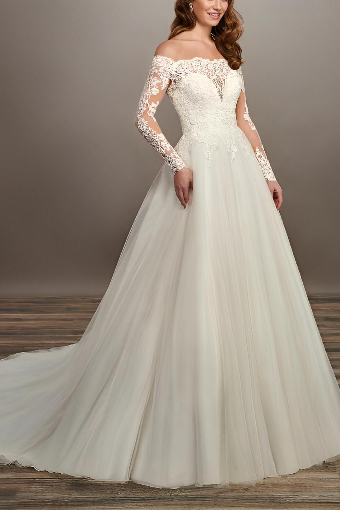 Off-the-Shoulder Lace Wedding Dresses With Tulle and Long Sleeves