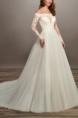 Off-the-Shoulder Lace Wedding Dresses With Tulle and Long Sleeves