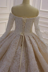 Off the Shoulder Long Sleeve Ball Gown Wedding Dress with Lace Appliques