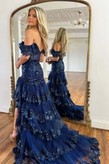 Off the Shoulder Mermaid Prom Dress Tiered Formal Dress Sequined Tulle Lace Evening Dress