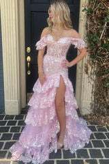 Off the Shoulder Mermaid Prom Dress Tiered Formal Dress Sequined Tulle Lace Evening Dress