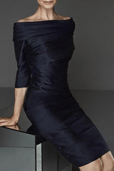 Off-the-Shoulder Satin Mother of the Bride Dress with Half Sleeves and Knee-Length Sheath