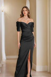 Off-the-Shoulder Short Sleeve Sheath/Column Mother of the Bride Dress With Front Split