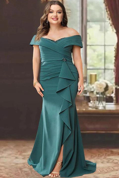 Off-the-Shoulder Sleeveless Plus Size Mother of the Bride Gown with Ruffles
