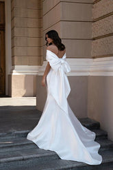 Off-the-Shoulder Sleeveless Satin Sweep Train Wedding Dress With Bow(s)