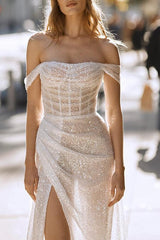 Off-the-Shoulder Sweep Train Sequined Beach Wedding Dress With Split Front