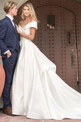 Off-the-Shoulder Vintage Satin Wedding Dresses With Ruffle/Pockets