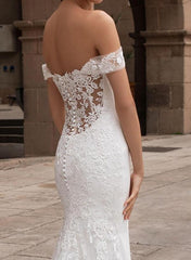 Off the shoulder Satin Lace Chapel Train Beach Wedding Dresses With Lace - Trumpet/Mermaid
