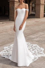 Off the shoulder Satin Lace Chapel Train Beach Wedding Dresses With Lace - Trumpet/Mermaid